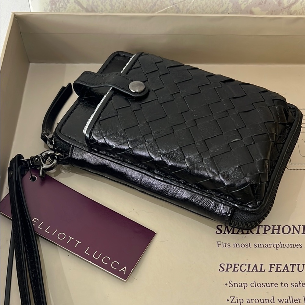 Elliott Lucca Women’s  Womens Black Leather Woven Wallet/Cell Phone Wristlet